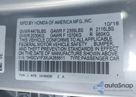 2018 Honda Accord Sport from USA, damaged, VIN 1HGCV1F3XJA265611